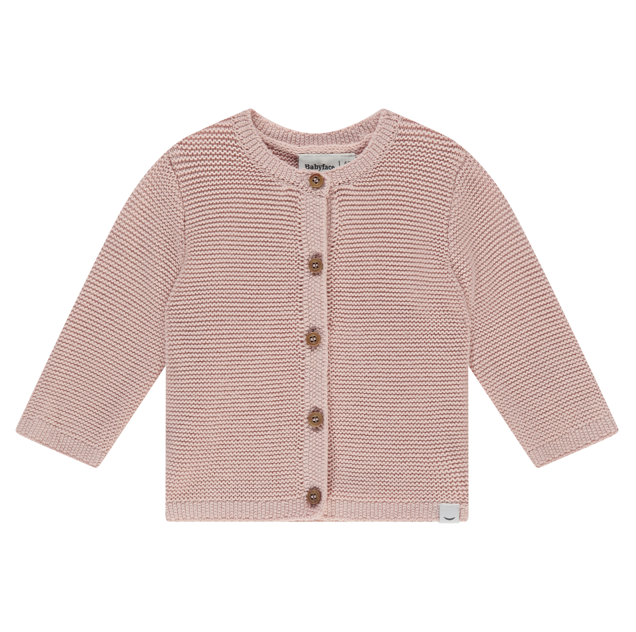 Knitted pink baby cardigan with buttons on a white background