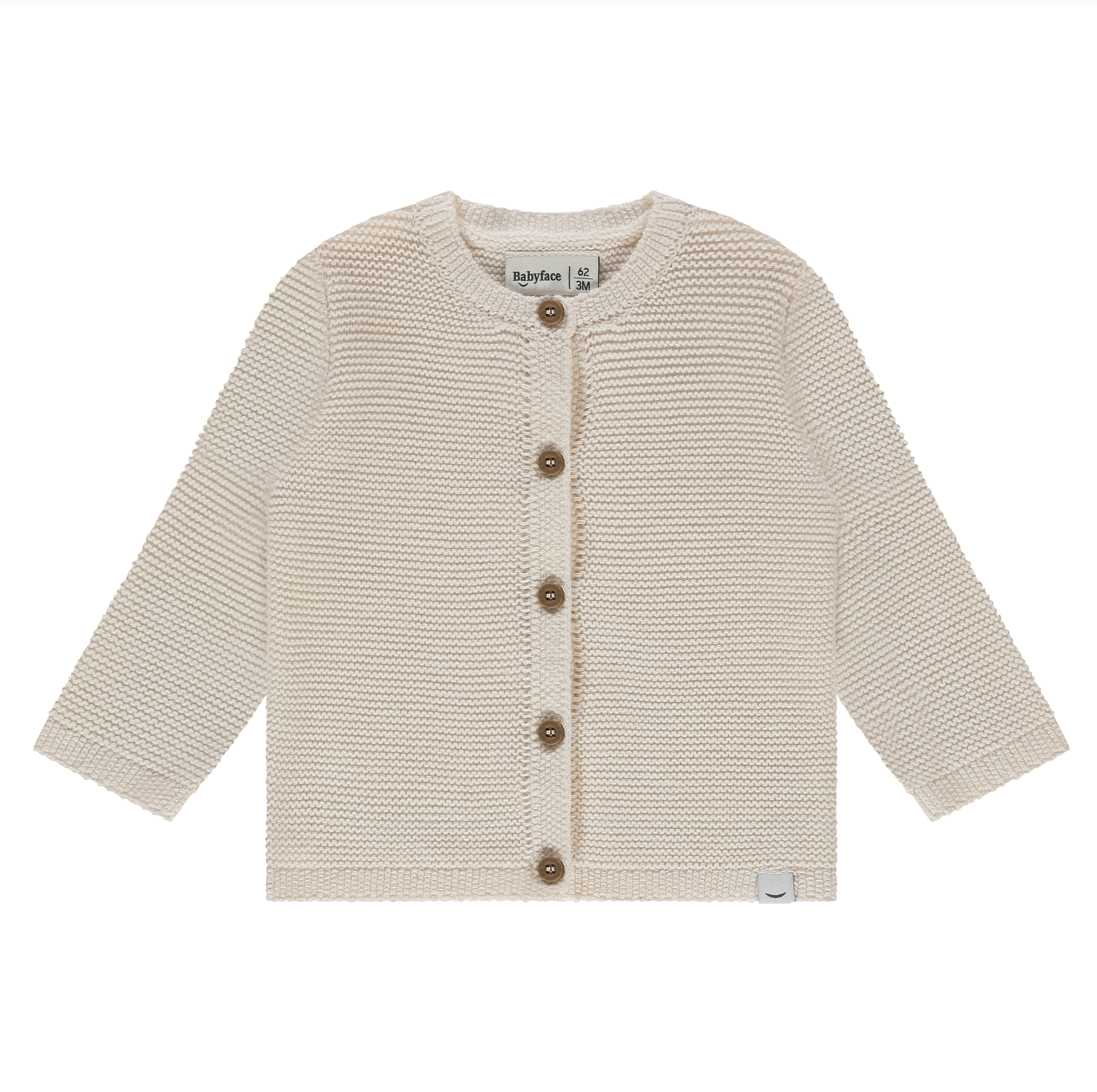 Knitted cream baby cardigan with buttons on a white background