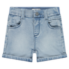 Light blue denim shorts on a white background