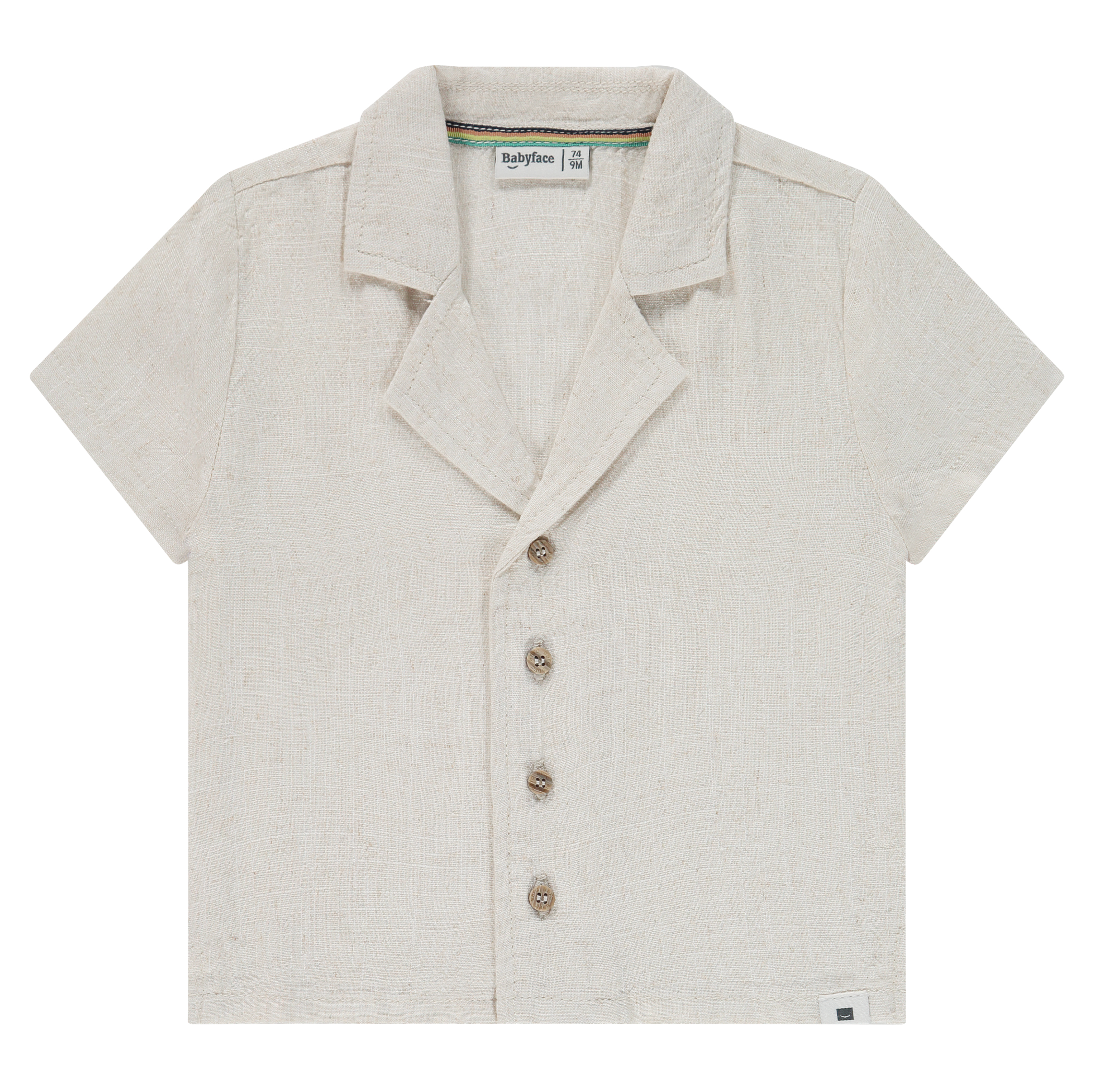 Light gray short-sleeve shirt with buttons on a white background