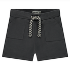 Dark gray shorts with a rope tie and pockets on a white background