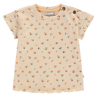 Beige baby t-shirt with floral pattern and button detailing on the shoulder on a white background