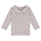 Purple long sleeve t-shirt with a collar and floral patterns on a white background
