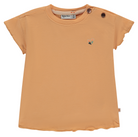 Light orange t-shirt with a small floral logo on a white background
