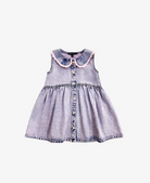 Children's denim dress with pink collar on a white background