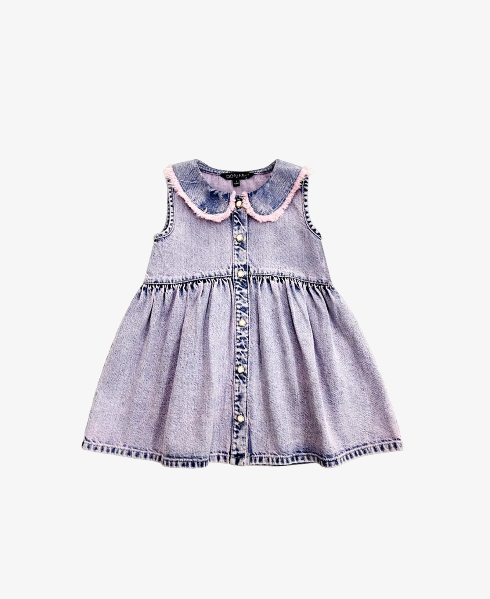 Children's denim dress with pink collar on a white background