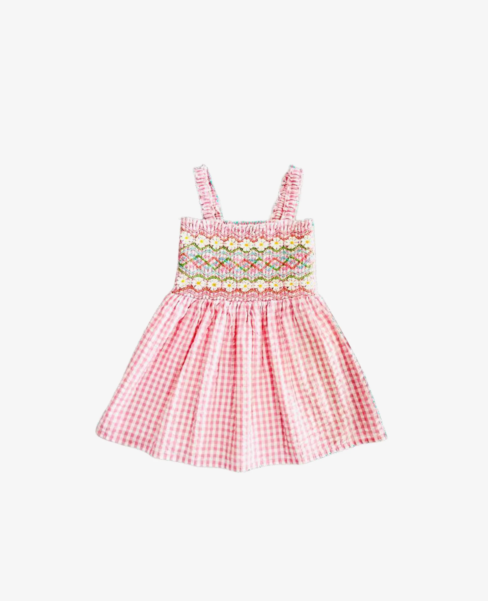 Red and white checkered dress with floral smocking on a white background