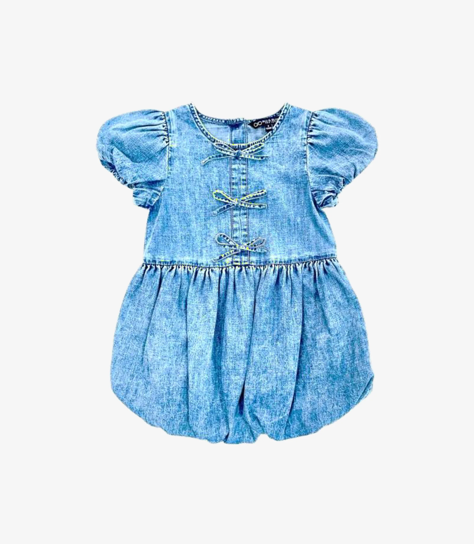 Blue denim dress with bow details on a white background
