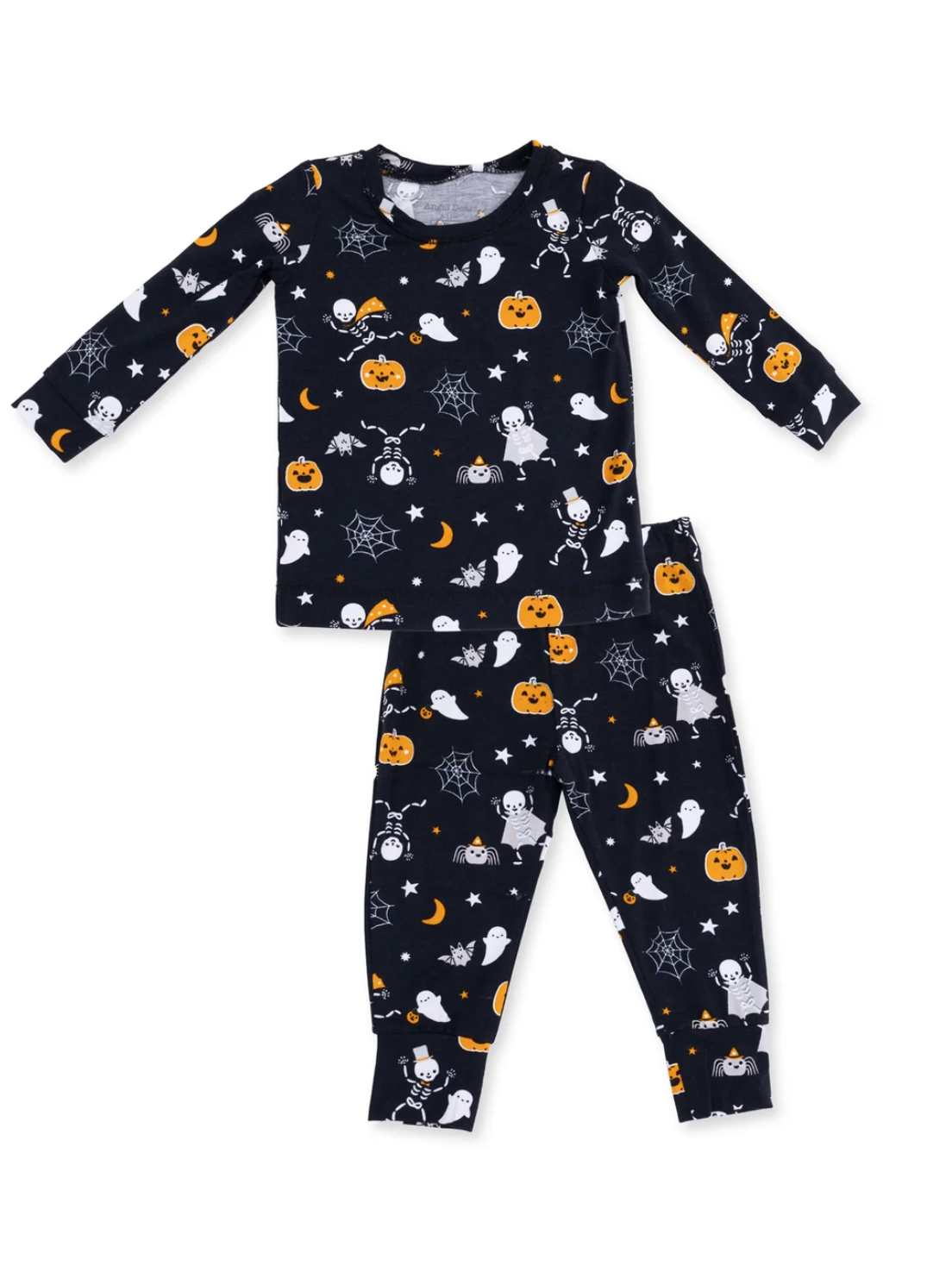 A two-piece children's pajama set featuring a long-sleeve top and matching pants in black with a Halloween print of orange pumpkins, white ghosts, spiders, and moons.
