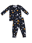 A two-piece children's pajama set featuring a long-sleeve top and matching pants in black with a Halloween print of orange pumpkins, white ghosts, spiders, and moons.