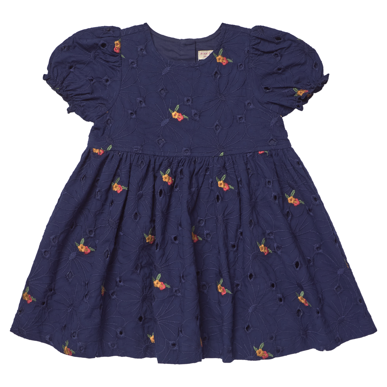 A navy blue cotton eyelet dress for toddlers, featuring short puff sleeves, a gathered waist, and an all-over embroidered pattern of small orange and yellow flowers with green leaves.