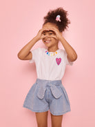 Denim Shorts with diamond details and a bow waist belt
