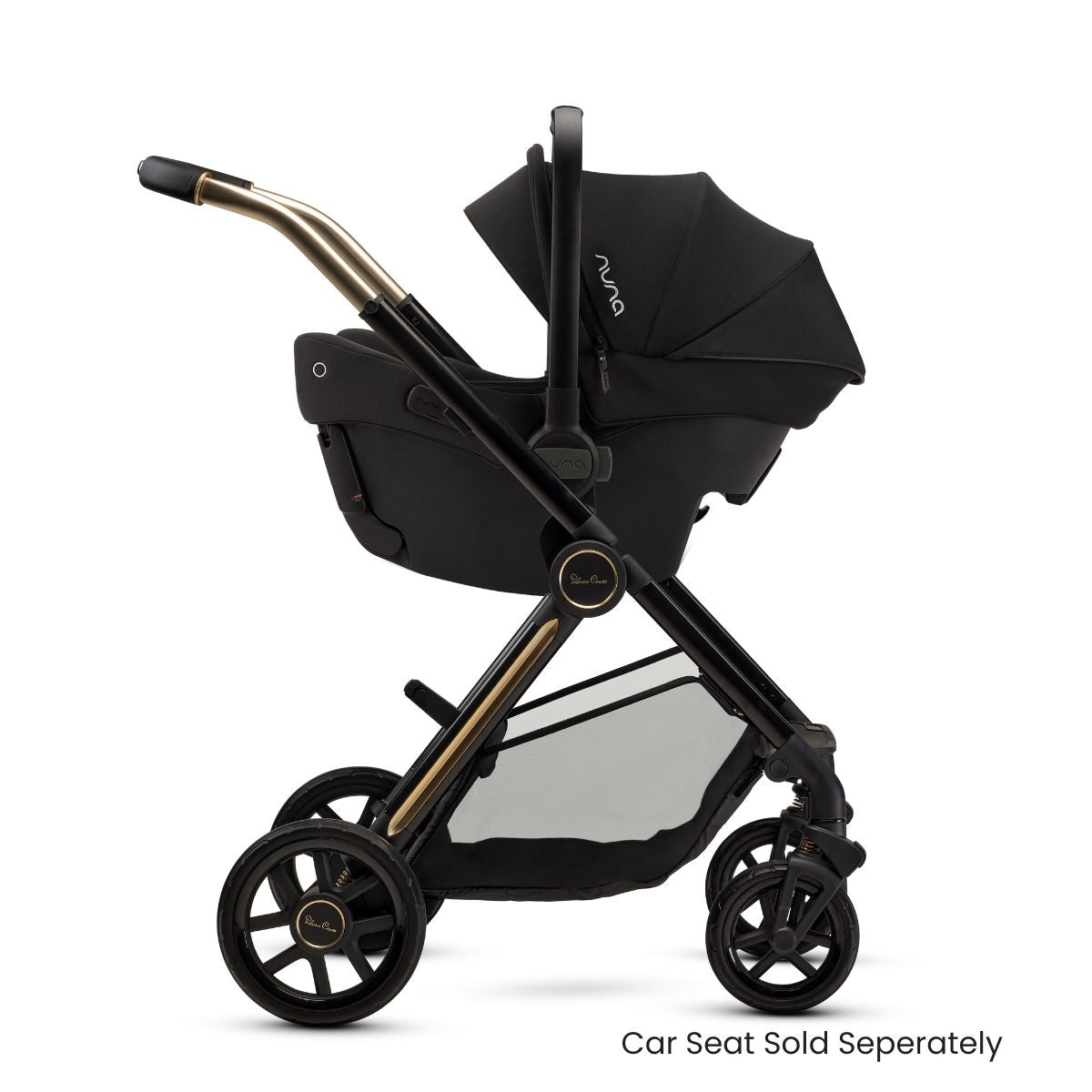 Black stroller with gold accents 