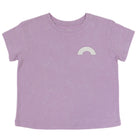 Purple t-shirt with a white rainbow design on a white background