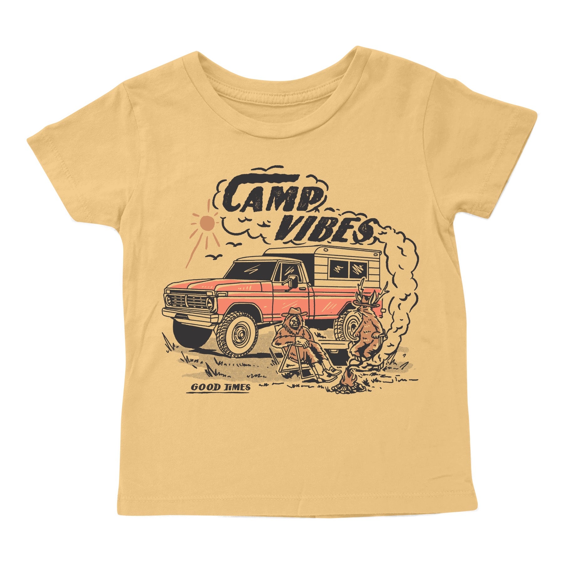 Beige t-shirt with 'Camp Vibes' graphic featuring a vintage truck and campfire on a white background.