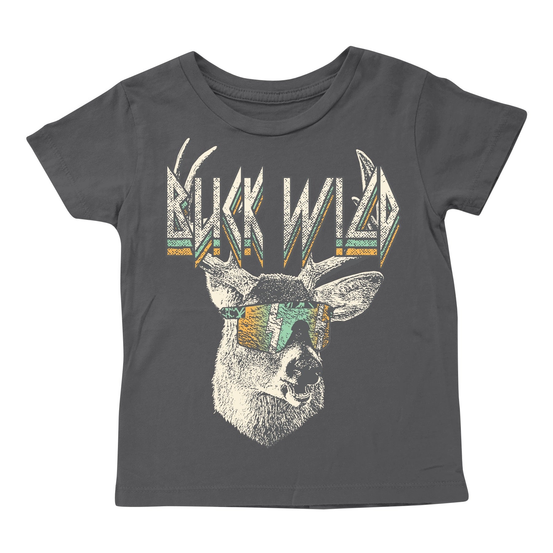 Gray t-shirt with a deer graphic and 'Buck Wild' text on a white background