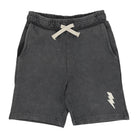 Light black shorts with lightning bolt symbol and adjustable waistband. 