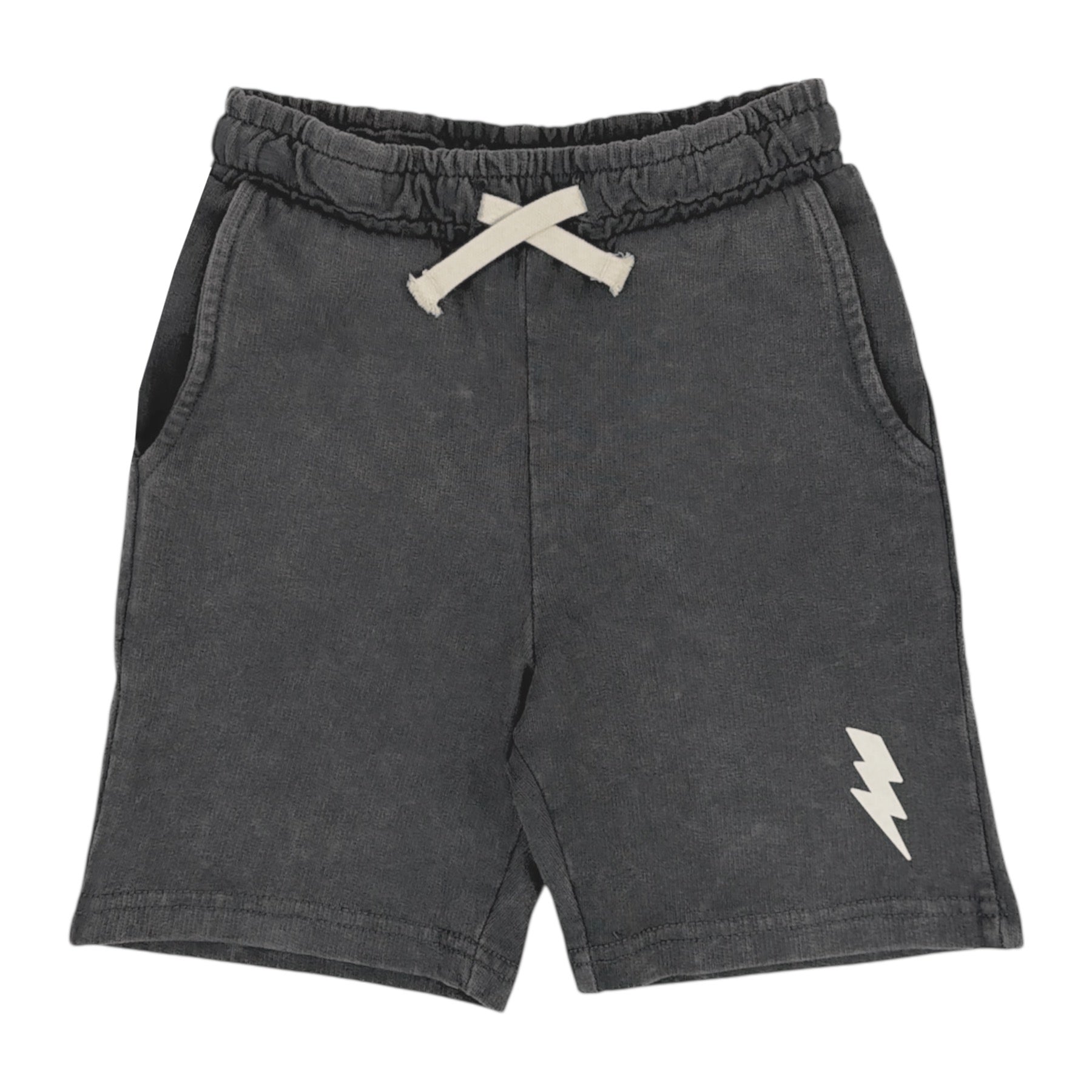 Light black shorts with lightning bolt symbol and adjustable waistband. 
