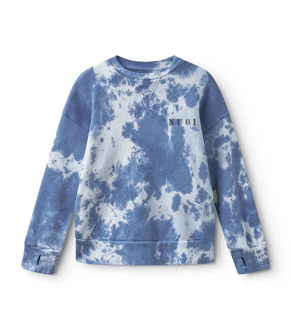 flat lay of a white and blue tie dye sweatshirt with "NU 01" printed on