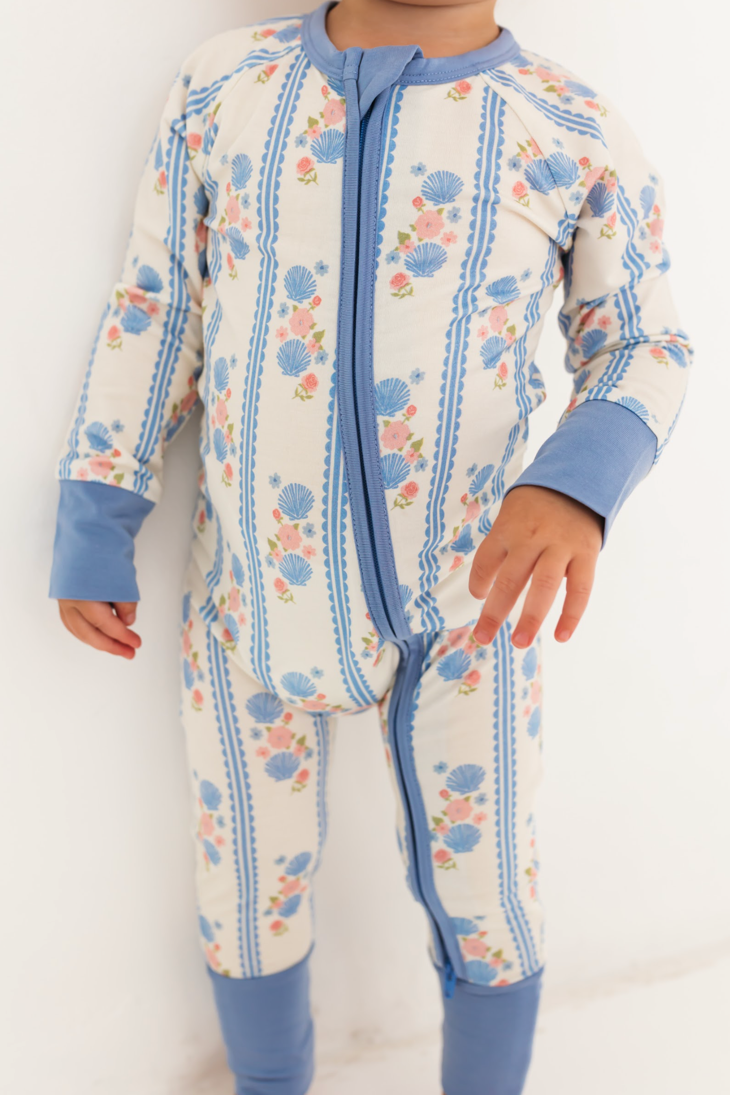 White and Blue Bamboo Romper with Seashells