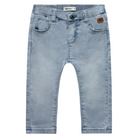 Light blue denim baby boys' jogger pants with a front view, featuring multiple pockets and an elastic waistband.