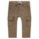 A pair of baby boys' worker pants in a latte color, made from cotton and elastane, with pockets and a drawstring waist.