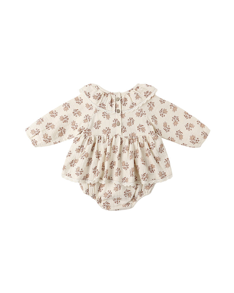 brown floral longsleeve baby romper on a white background