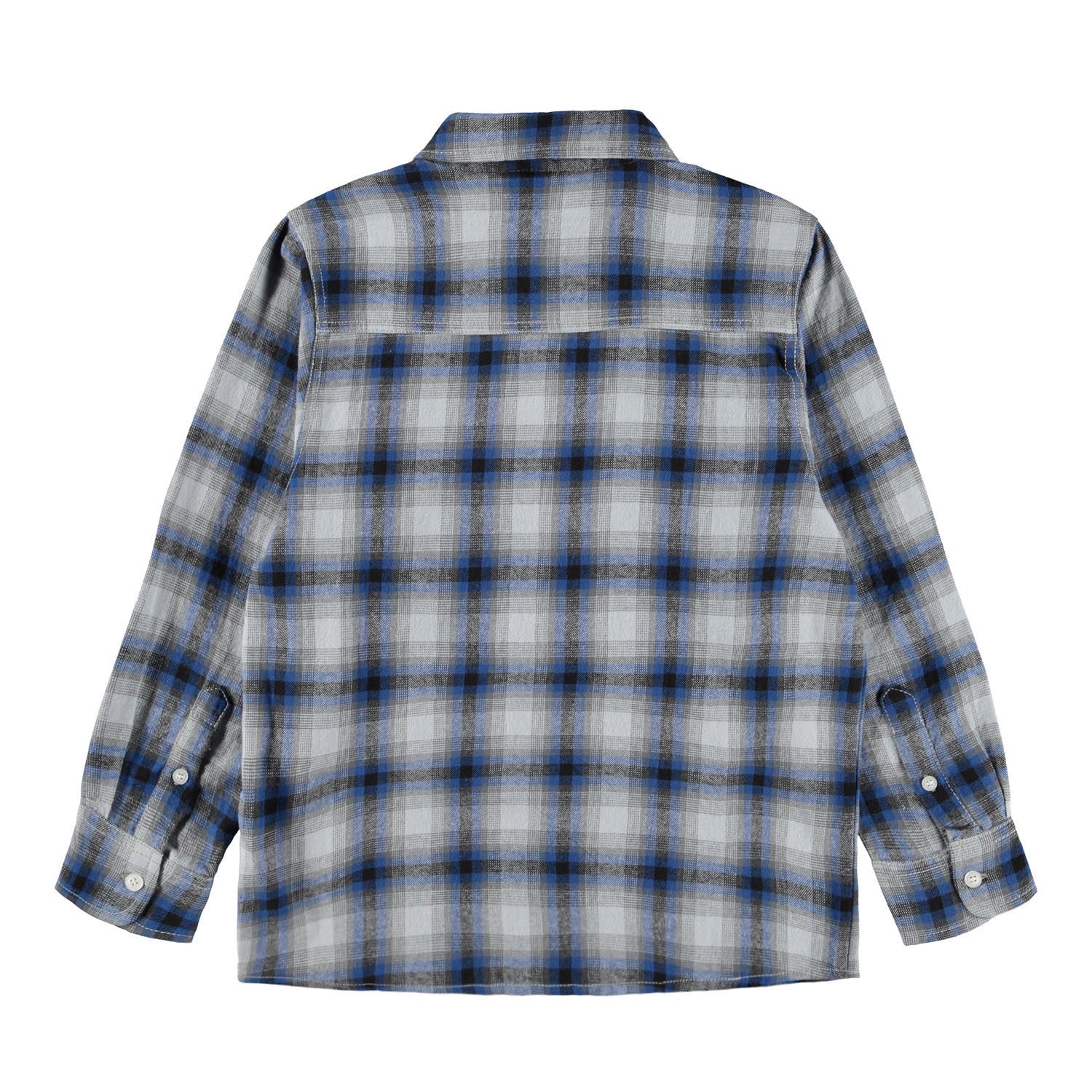 back of black and blue plaid button up 