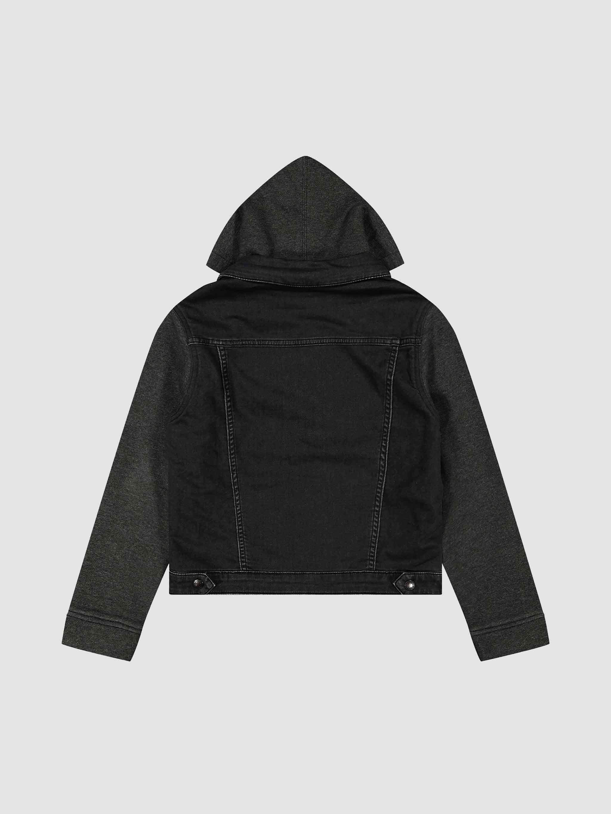 back of black denim jacket with a hood 