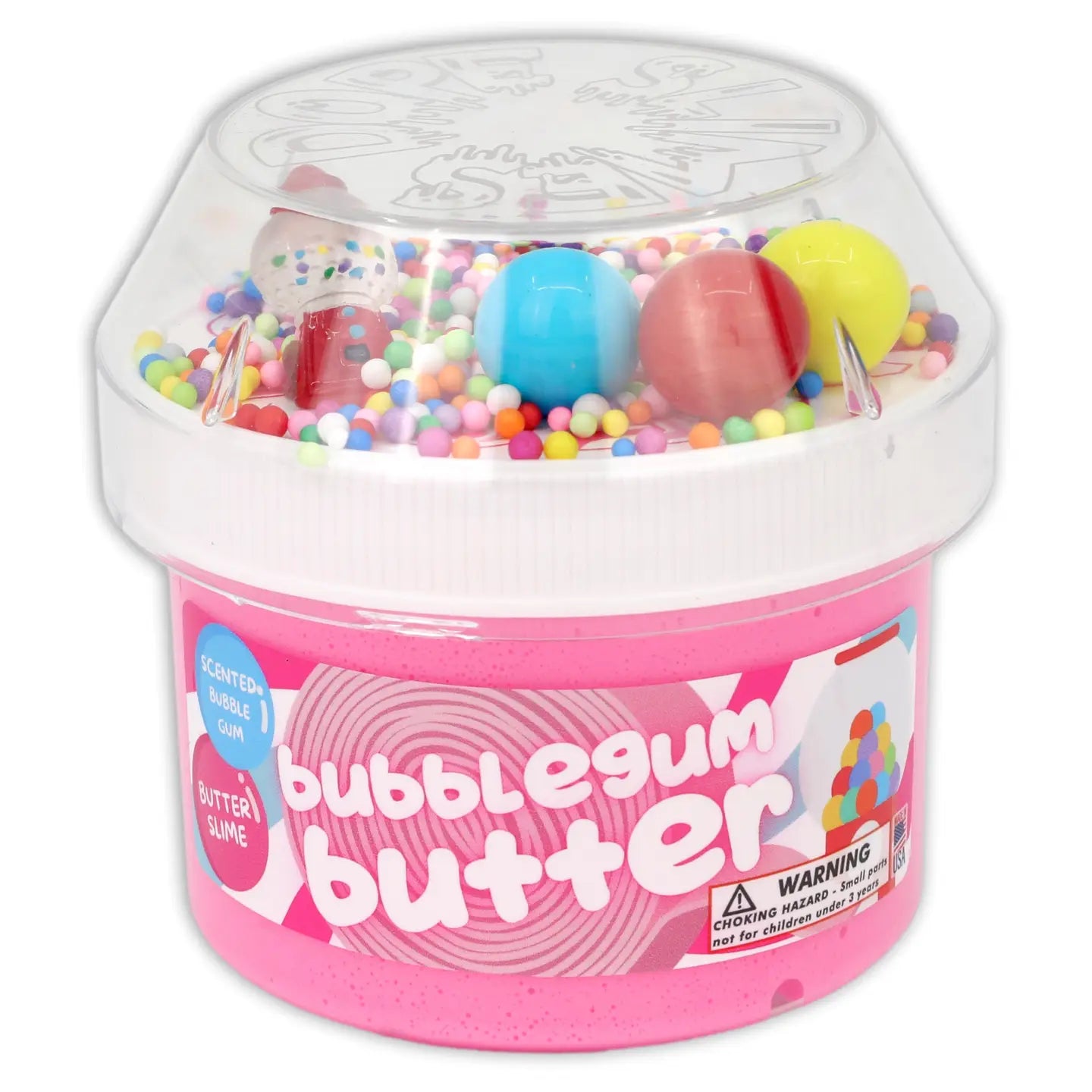Container of bubblegum butter slime with colorful accessories on a white background