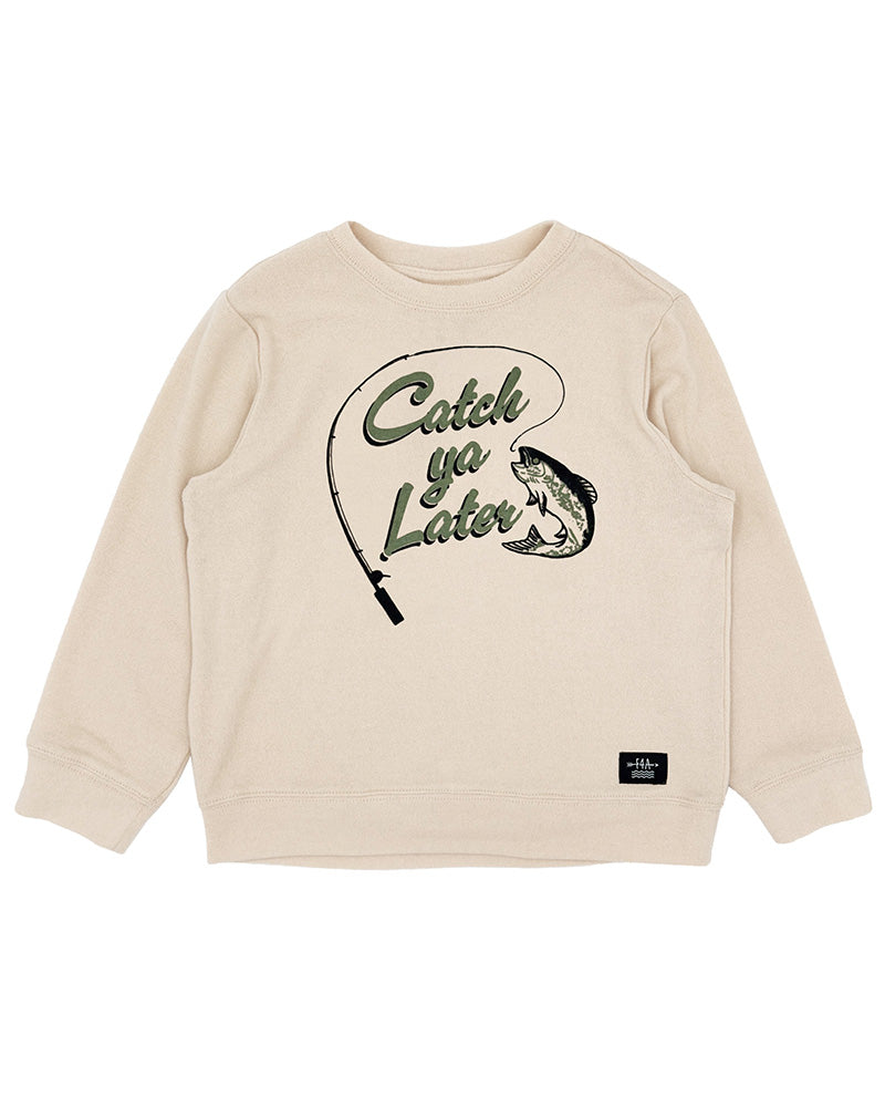 Beige sweatshirt with fishing graphic and text on a white background