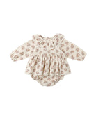 brown floral baby romper with ruffled collar on a white background
