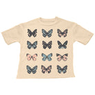 Beige t-shirt with butterfly designs on a white background