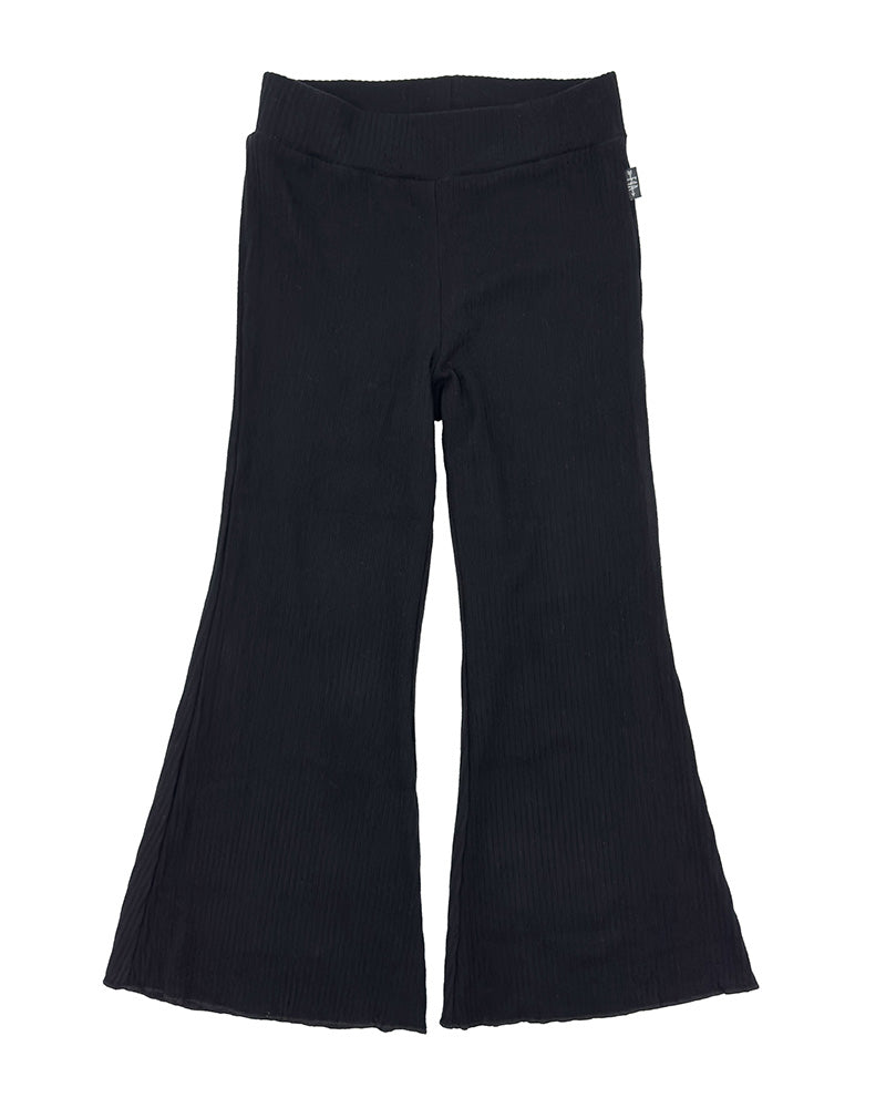 Black bell-bottom pants on a white background