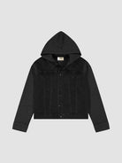 Black hooded jacket on a light gray background