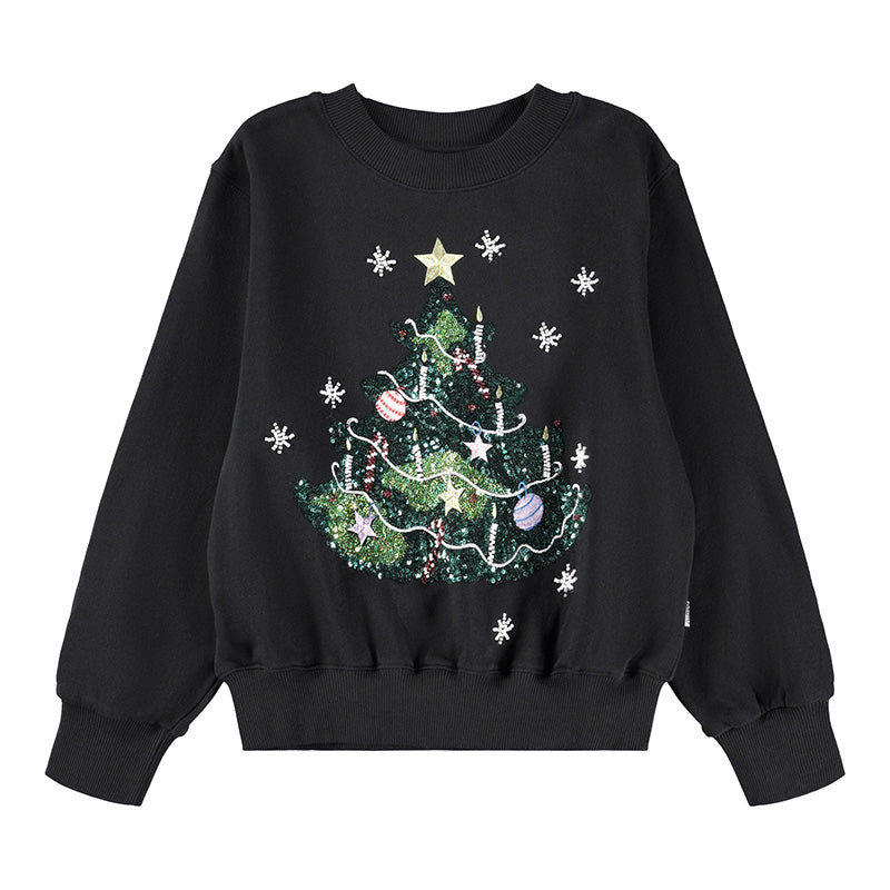 Black sweatshirt with a Christmas tree design on a white background