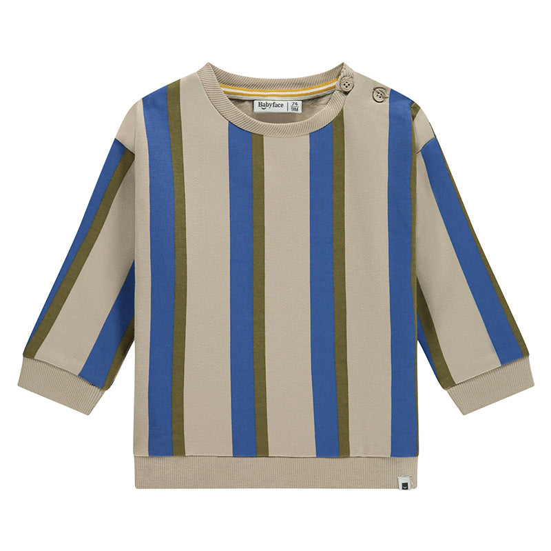 Children's sweater with blue and green striped pattern on a white background