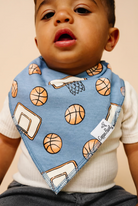 blue bandana bib with basketballs and basketball hoops 