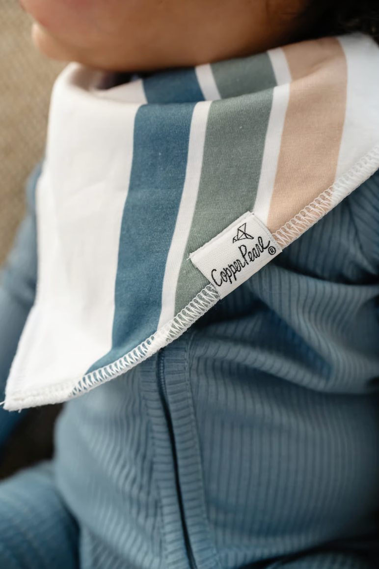 blue green and tan striped bandana bib
