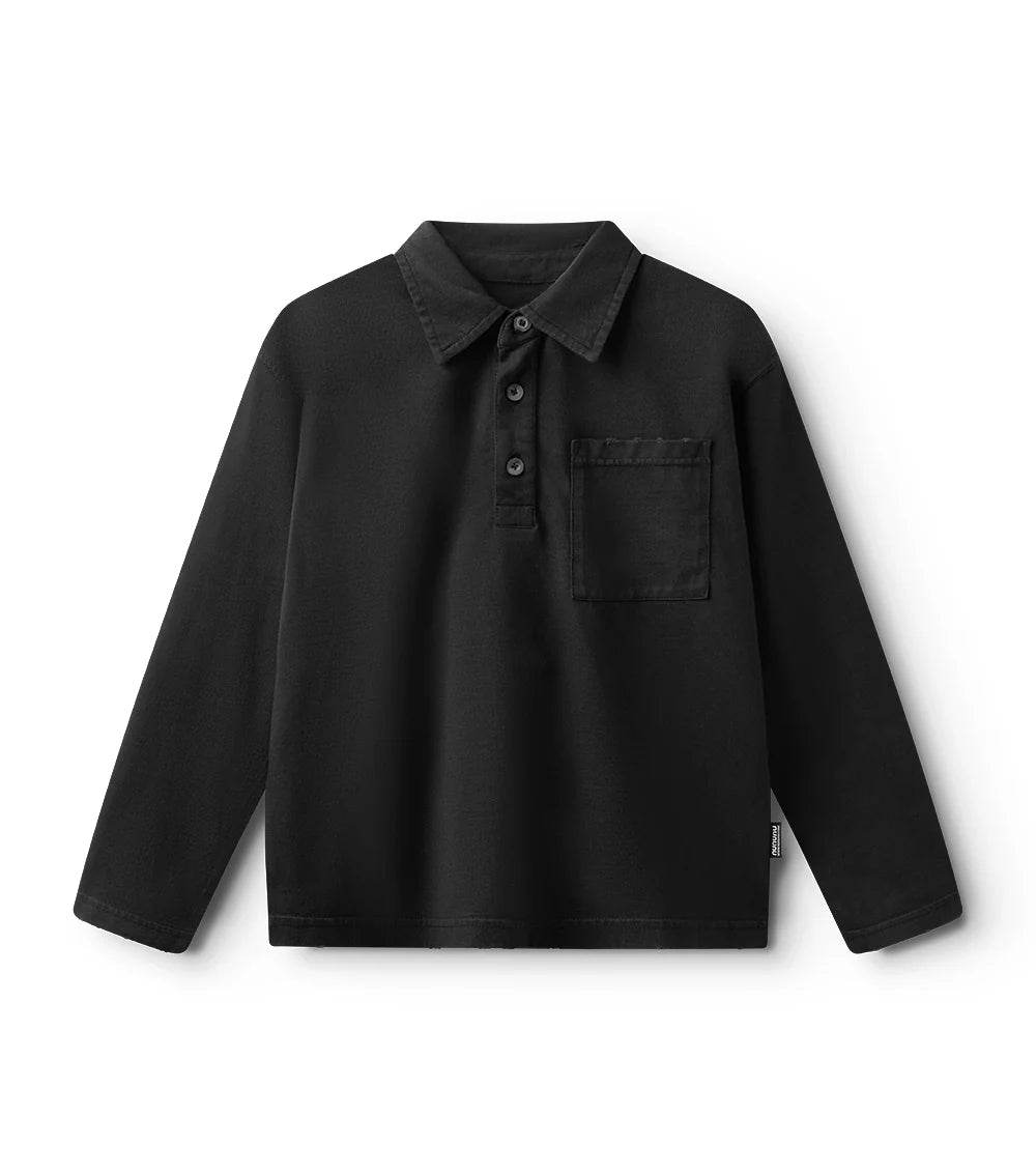 Black long-sleeve shirt with collar on a white background