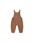 brown linen overalls with snap buttons