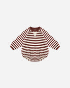 burgundy Striped baby romper with long sleeves on a white background