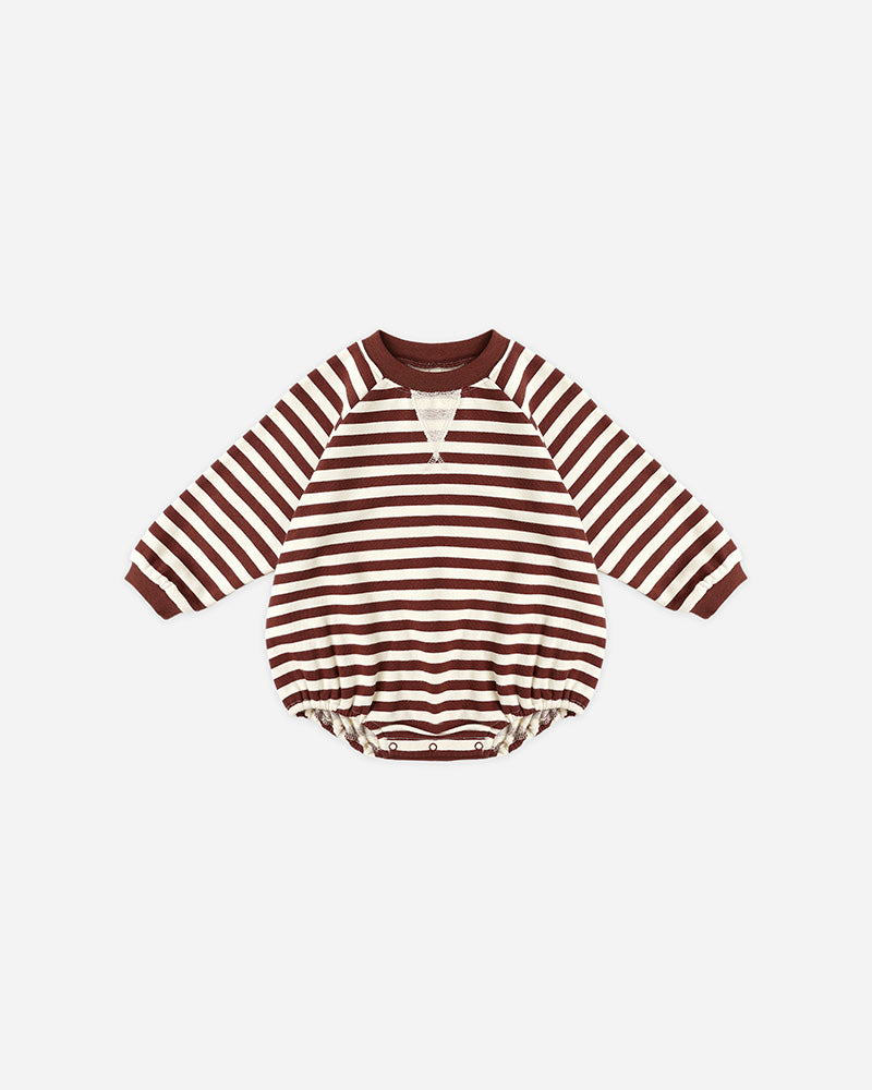 burgundy Striped baby romper with long sleeves on a white background