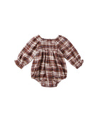 burgundy plaid baby romper with long sleeves on a white background