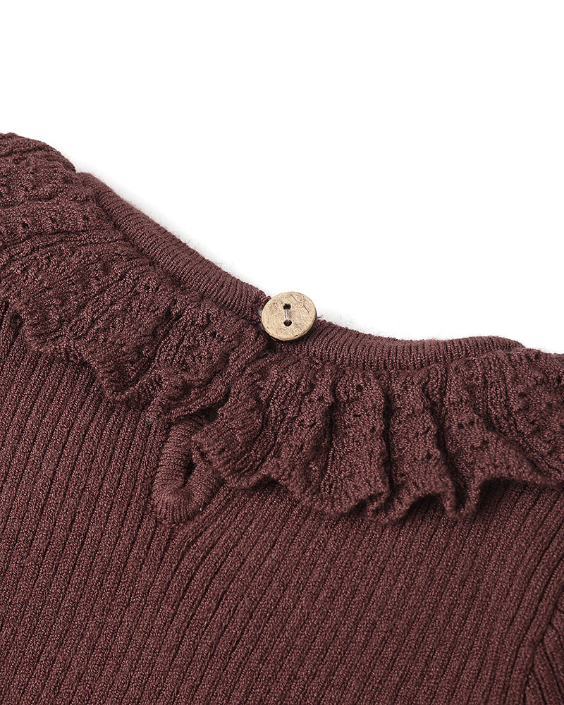 close up of burgundy ribbed bodysuit with ruffled neckline 