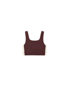 burgundy sports bra with beige side stripe 
