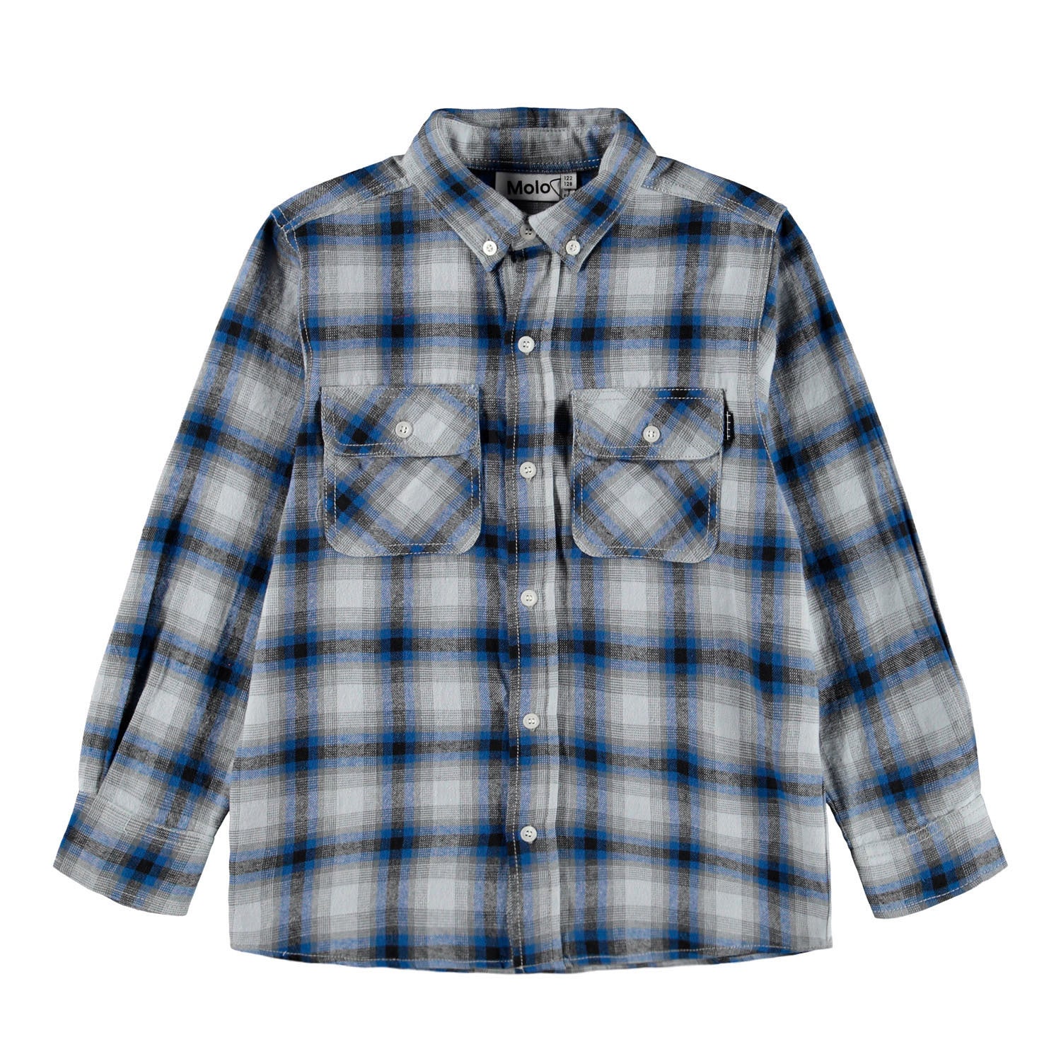 button up black and blue plaid shirt with front pockets 