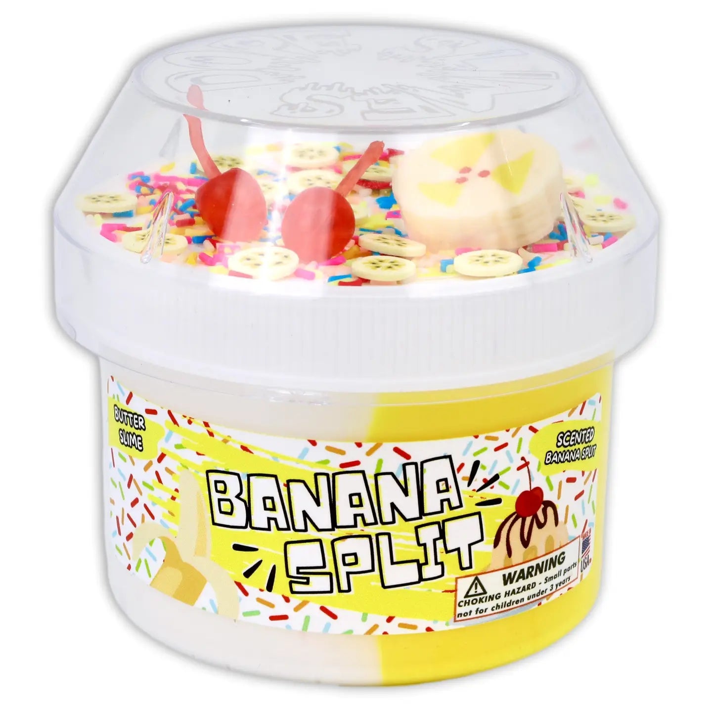 Banana split themed slime with sundae accessories on a white background.