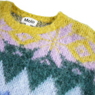 Close-up of a knitted sweater with colorful pattern and 'Molo' brand label.