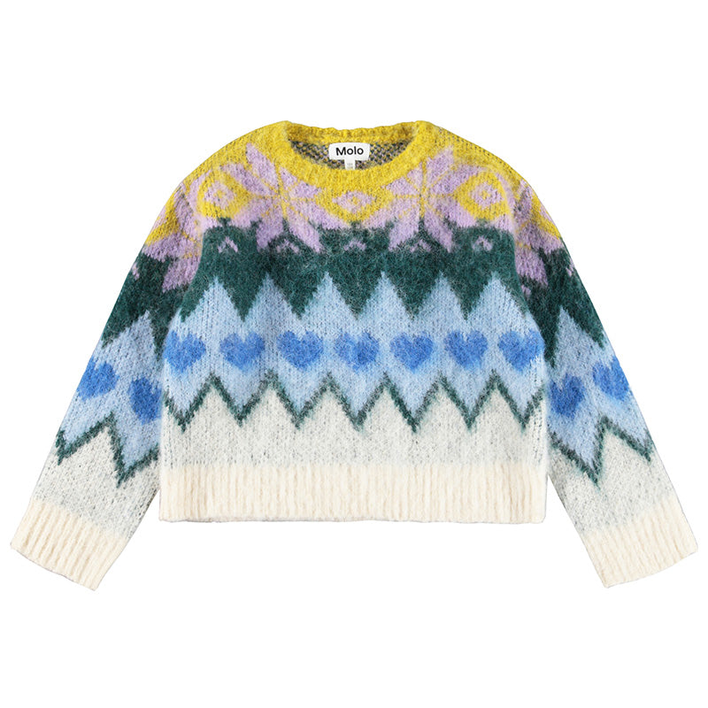 Colorful patterned sweater with a brand label on a white background